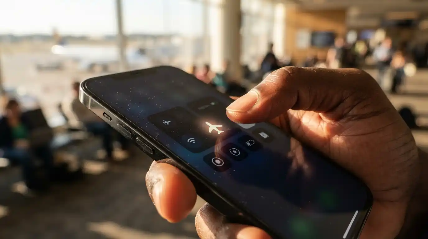 Dedo pressionando o ícone de avião para ativar o modo avião em smartphone com tela brilhante.